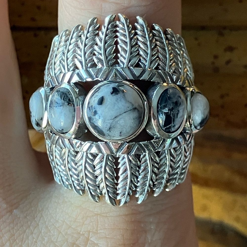 White Buffalo Turquoise Sterling Silver Feather Ring Size 9